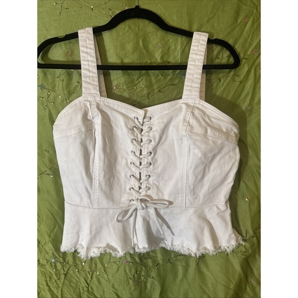 VENUS Tops - White Denim Corset Jean Lace Up Front Cotton‎ Bustier Peplum Festival 8
